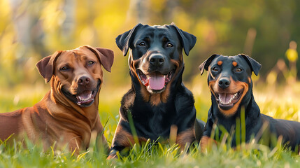 A heartwarming image featuring a trio of adorable dogs--a cute Rottweiler, a cute Pitbull, and a cute Doberman--showcasing their endearing personalities and irresistible charm
