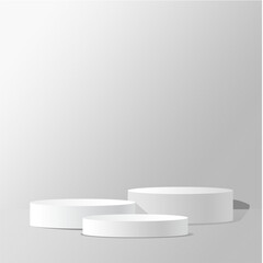 Abstract minimal scene on a calm white background with a cylindrical podium. Stage mockup showcase for products, banners, sales, presentations, cosmetics, discounts and etc. Vector eps 10.