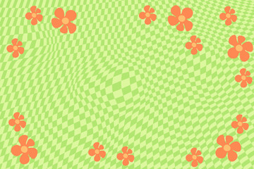 Green retro psychedelic checkerboard pattern with orange flowers. Groovy funky textures.
