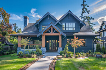 The elegant frontage of a rich indigo craftsman cottage style house, featuring a triple pitched roof, bespoke landscaping, a welcoming path, and unparalleled curb appeal, signifying refined taste.