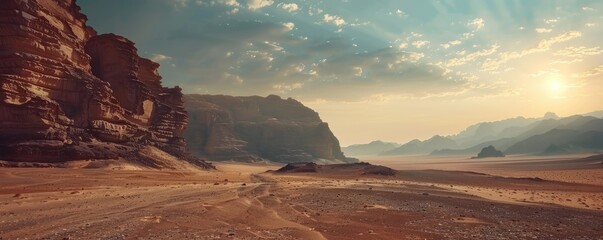 Sun over a vast desert with sand dunes and dramatic mountain structures, portraying tranquility and...