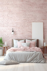 Modern minimalit bedroom with pink brick wall. High quality photo