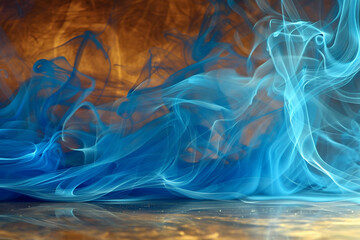 Vibrant blue smoke abstract background flows gently over a rich gold floor.