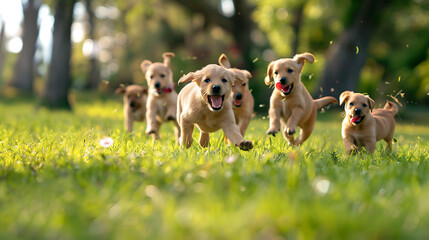 A delightful image capturing a group of playful puppy dogs frolicking and running joyfully in a lush green grassy field, exuding boundless energy and enthusiasm