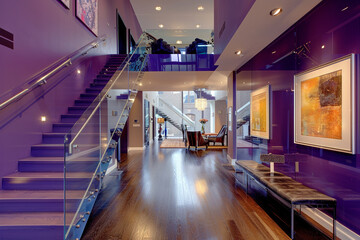 Vibrant violet entrance hall with a contemporary staircase and sleek, modern furnishings in an...