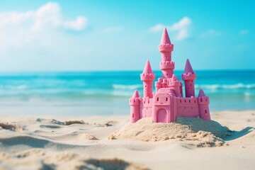 Pink sand castle on a beach, fun vacation banner
