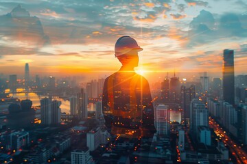 The double exposure image of the engineer standing back during sunrise overlay with cityscape image The concept of engineering, construction, city life and future