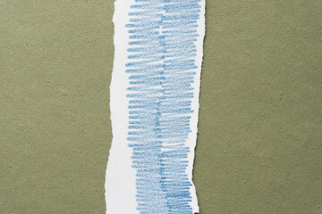 paper stripe with torn edges with blue shading effect arranged centered on rough green paper