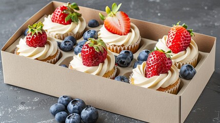 Indulge in a delightful gift box filled with fruit themed cupcakes featuring a delicious blend of strawberry and blueberry flavors This festive packaging is perfect for celebrating Mother s