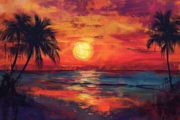 Mesmerizing Beach palms sunset sea. Nature travel. Generate Ai