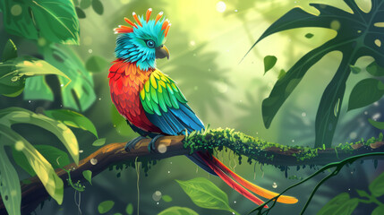 Vibrant illustration of a multicolored parrot perched on a branch in a lush tropical rainforest.