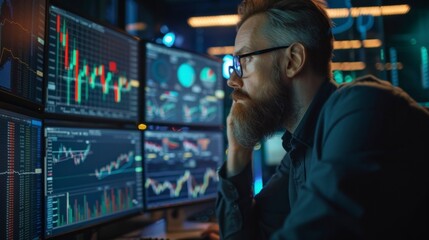 man analyzing stock market or trading on his pc with suit