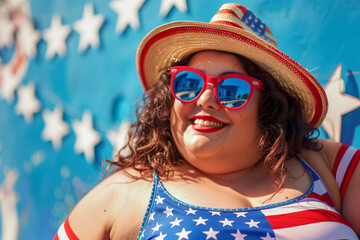 Big size American woman with the American flag, celebrating Independence Day with a smile and offering generous copy space for customization