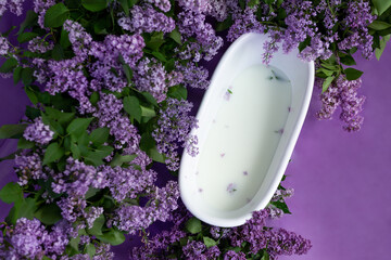 baby bath with purple lilac flowers. photo zone for a children's photo shoot with lilacs. Lilac...