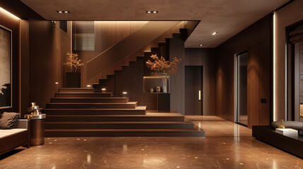 Contemporary entrance hall in rich chocolate brown, featuring a modern staircase and minimalist design in an American home.