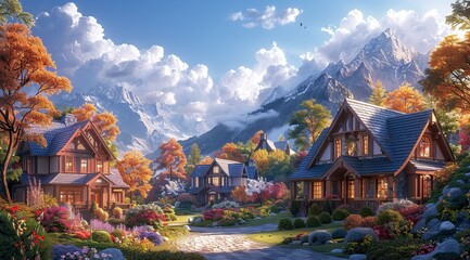 Obraz premium A picturesque neighborhood with large, well-maintained houses surrounded by lush gardens and colorful flowers under the soft glow of sunset