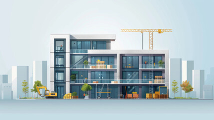 Illustration of a modern apartment building under construction with workers and equipment visible.