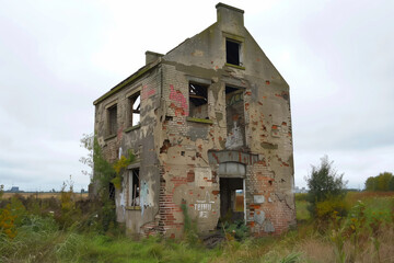 An old, ruined house made from brick and has broken windows and cracked walls