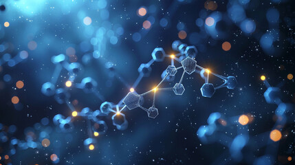 Cosmic navy backdrop with delicate glowing molecular structures Small, interconnected polygons creating a celestial-inspired scientific display.