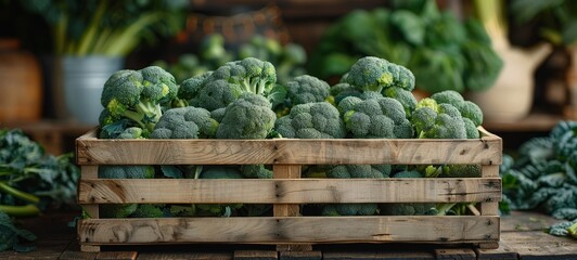 Broccoli photography. A wooden crate with Broccoli photography. Fresh Broccoli in a wooden crate horizontal banner poster