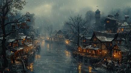 A small town in France with dark clouds overhead, rain on the streets and houses, photorealistic