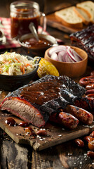 Wholesome Texas-style Barbecue Feast - Hearty Brisket, Smoky Ribs, Corn Bread, and Classic Sides