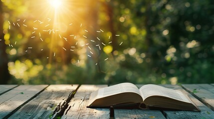 A book open on a weathered wooden table, pages fluttering in a gentle breeze.