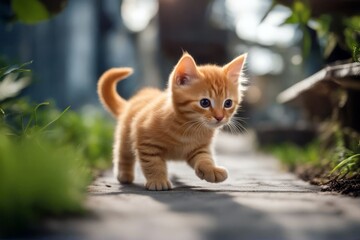 'orange side looking cute walking kitten cat pet animal felino young adorable little baby white...
