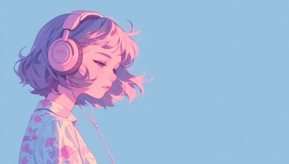 A cute girl with short hair wearing headphones, in pastel colors, lofi anime style, with a minimalistic background.
