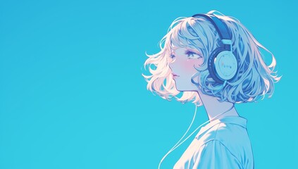 A cute girl with short hair wearing headphones, in pastel colors, lofi anime style