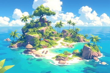 A fantasy game background with an island in the center, a tropical jungle on one side and sandy beaches on another