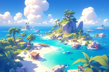 A fantasy game background with an island in the center, a tropical jungle on one side and sandy beaches