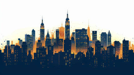 Digital art of New York City skyline at sunset with vibrant orange hues.