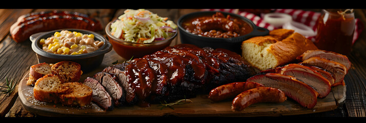 Wholesome Texas-style Barbecue Feast - Hearty Brisket, Smoky Ribs, Corn Bread, and Classic Sides