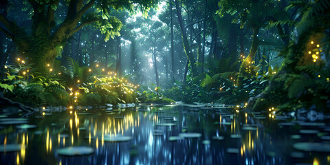 reflections in water, A river with a forest and a light in the background, A river with a waterfall and a forest with a waterfall in the background, A forest with lights and a river with a river in,

