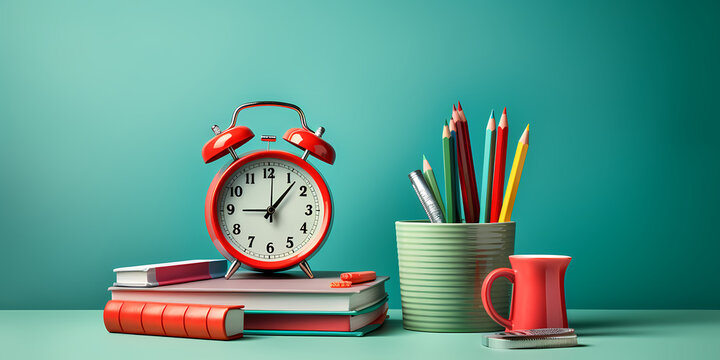 alarm clock and books, A red vintage alarm clock displays time atop a colorful stack of books with pencils and plant in background	