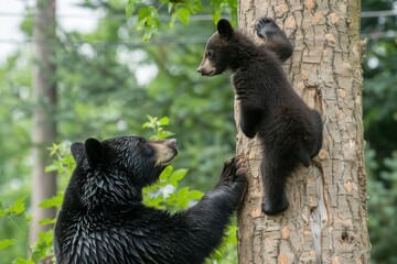 Black Bear Mother Teaching Baby Bear Cub How to Climb a Tree
