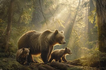 Mother grizzly bear with cubs in sunlit misty forest