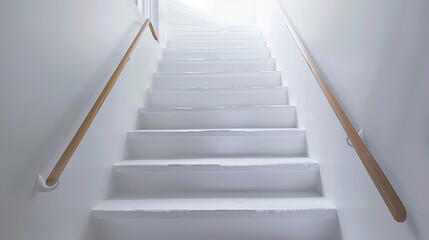 Frost white stairs with a wooden handrail, full view from the base looking up.