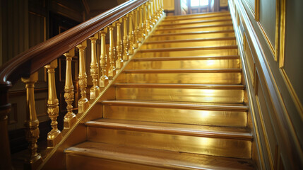 Luxurious gold stairs with a wooden handrail, wide shot from the landing.