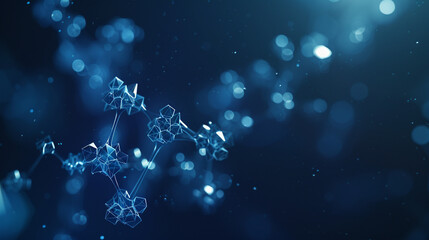 Midnight blue with minimal glowing molecular structures Tiny, softly glowing polygons set against a dark blue, creating a tranquil high-tech environment.