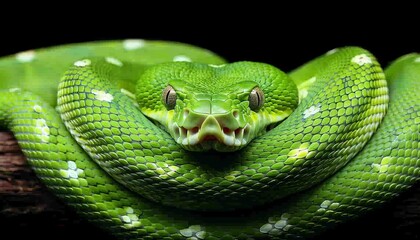 Detailed close up of a vibrant emerald green snake among dense foliage in the lush jungle