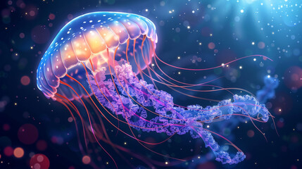 Illustration of a vibrant, glowing jellyfish floating gracefully in a mystical deep blue ocean.