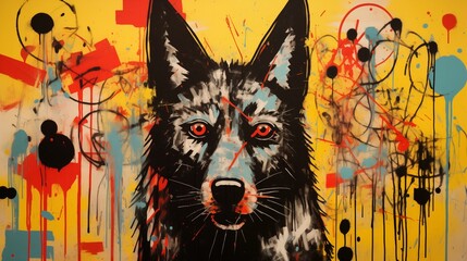 A Striking Abstract Graffiti Painting of a Dog with Intense Red Eyes.