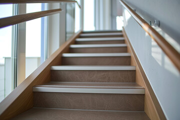 Platinum stairs with a minimalist wooden handrail, modern and refined interior.