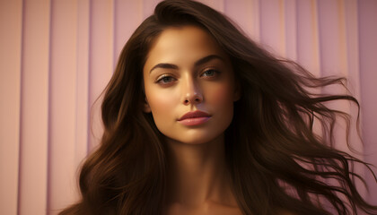 Naklejka premium Shiny Hair Beauty Woman. Brunette Model Showing Glossy Silky Straight Hairstyle. Fashion Girl Portrait with Natural Make up and Hairdo