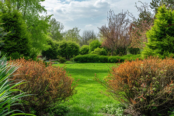 Obraz premium Seamless blend of tall and short shrubs in a spring garden with central grassy area, captured in high-resolution ultra-HD