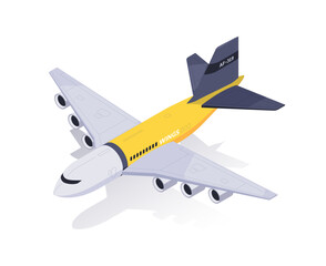 Yellow and blue airplane on a white background, concept of travel and transportation. 3d isometric modern vector illustration isolated on white background