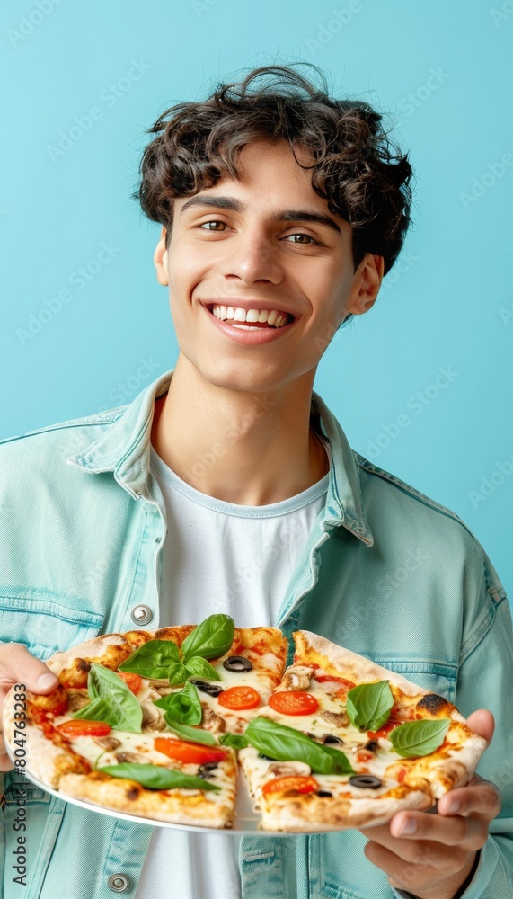 Poster casual man enjoying delicious pizza on pastel colored background with empty space for text placement