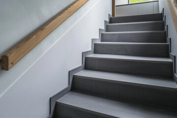 Sleek grey stairs with a modern wooden handrail, contemporary home ambiance.